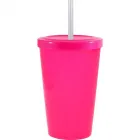 Copo tampa canudo 320ml rosa neon de plastico  - 1523472