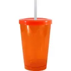 Copo tampa canudo cristal 320ml laranja neon de plastico  - 1523592