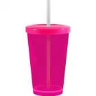 Copo tampa canudo cristal 320ml rosa neon de plastico  - 1523586