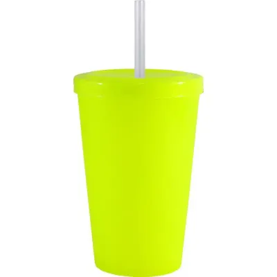 copo tampa canudo 320ml amarelo neon de plastico 