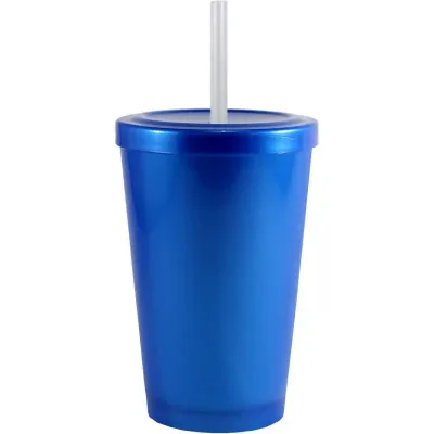 copo tampa canudo 320ml azul de plastico 