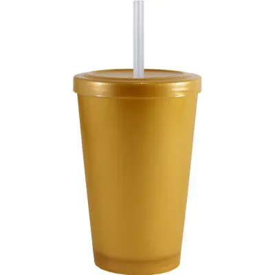 Copo tampa canudo 320ml dourado de plastico 