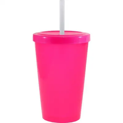 Copo tampa canudo 320ml rosa neon de plastico  - 1523472