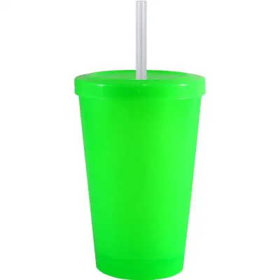 copo tampa canudo 320ml verde neon de plastico  - 1523474