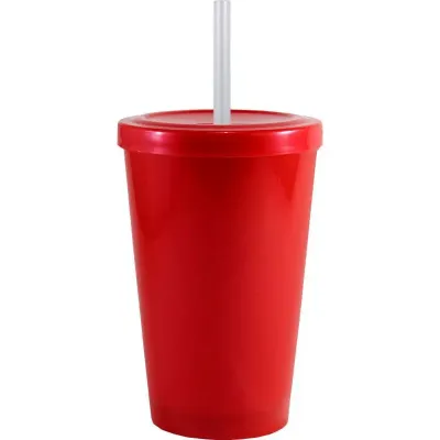 Copo tampa canudo 320ml vermelho de plastico 