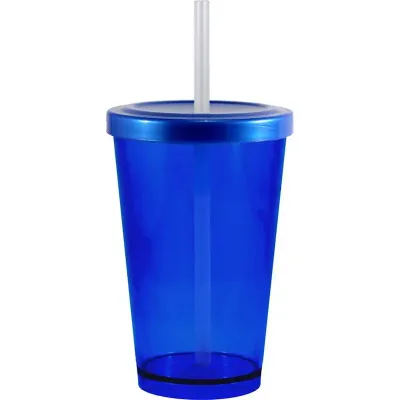 Copo tampa canudo cristal 320ml azul de plastico 