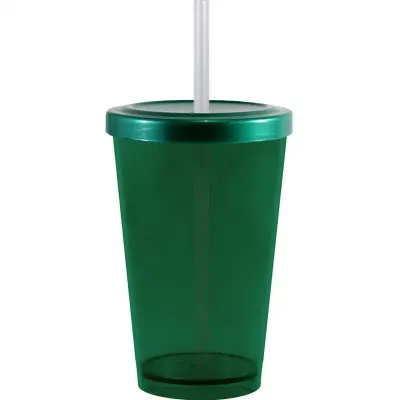 Copo tampa canudo cristal 320ml verde de plastico 