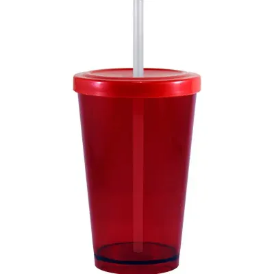 Copo tampa canudo cristal 320ml vermelho de plastico 