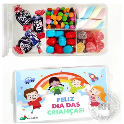 Box de doces com tampa personalizada, acompanha 5 variedades de doces