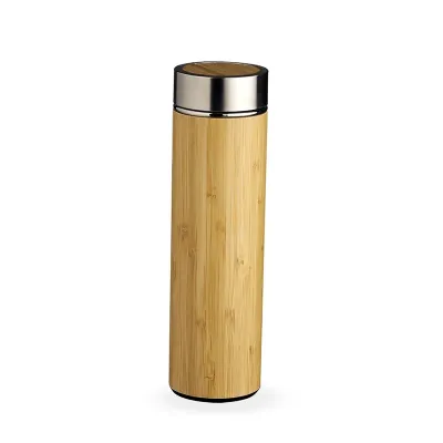 Garrafa de bambu e inox térmica 500ml com parede dupla e infusor.