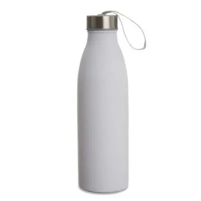 Garrafa de inox 750ml com tampa rosqueável e alça de nylon embutida.