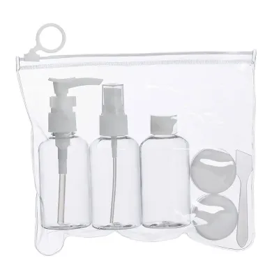 Kit viagem 6 peças em estojo ziplock. Contém frasco de 80ml com tampa spray; frasco de 80ml com tampa rosqueável; frasco de 80 ml com tampa pump; 2 potes de 10ml com tampa rosqueável e mini espátula 