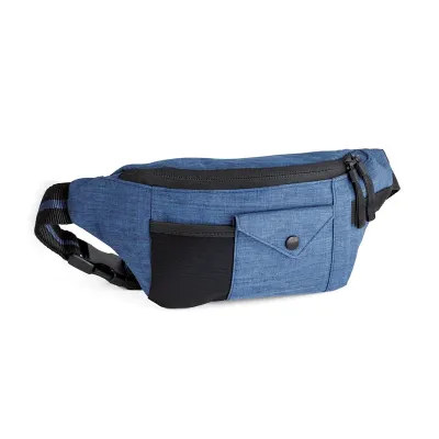 Bolsa de cintura azul com 3 bolsos na parte da frente.