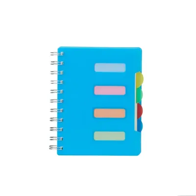 Caderno pequeno na cor azul, com bloco de notas azul, rosa, laranja e verde. - 1902876