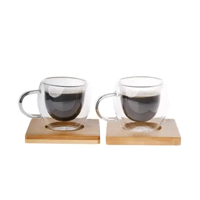 Conjunto de xícaras de café 90ml em vidro borosilicato e pires em bambu. - 2000181