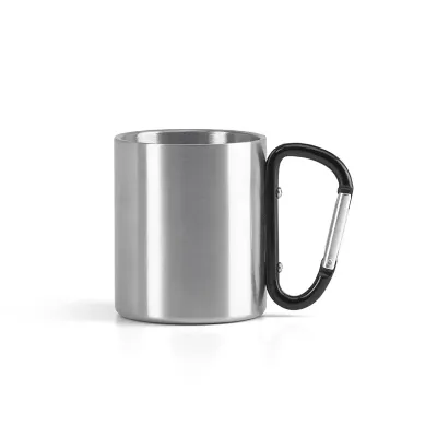 Caneca em aço inox, com pega em forma e função de mosquetão