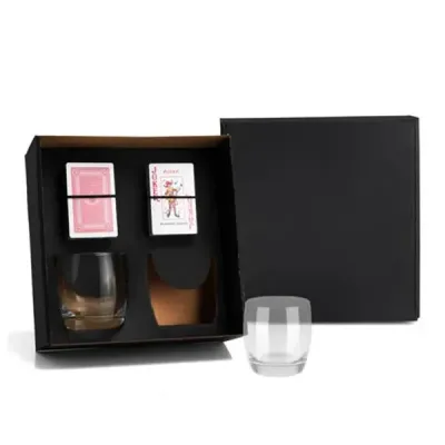 Kit com  2 copos de vidro para Whisky de 300 com 2 baralhos