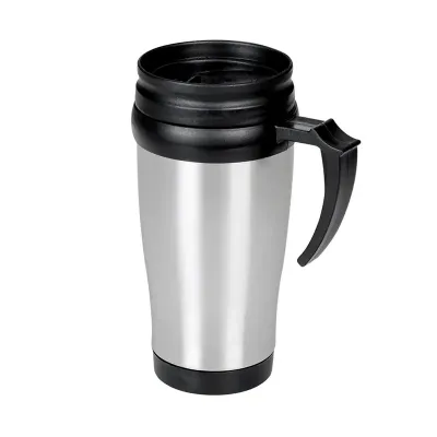 Caneca de inox com detalhes plásticos, capacidade de 400ml. Tampa com vedação e bocal com trava de segurança.