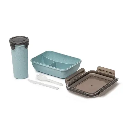 Kit com copo salada de 500ml e marmita hermética de 1L com divisórias, garfo e faca feitos em fibra de bambu. A combinação ideal para as refeições do dia a dia. Feitos em PP atóxico e livres de BPA, s