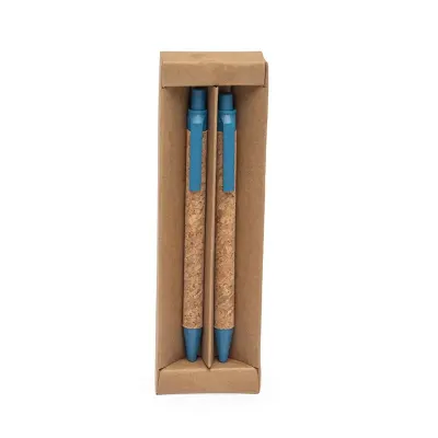  Kit ecológico com caneta e lapiseira de cortiça com estojo de papelão. Carga esferográfica azul