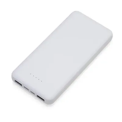 Power bank branco com detalhes do botão e entrada de carregamento